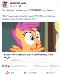Size: 750x941 | Tagged: safe, scootaloo, pegasus, pony, equestria daily, g4, confirmed, facebook, female, filly, foal, happy, late, legit, lgbt, old news, op is a slowpoke, slowpoke