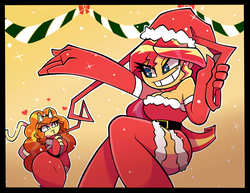 Size: 4200x3250 | Tagged: safe, artist:nelljoestar, adagio dazzle, sunset shimmer, equestria girls, g4, breasts, christmas, cleavage, clothes, costume, female, hat, holiday, lesbian, santa costume, santa hat, ship:sunsagio, shipping, smiling