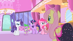 Size: 1280x720 | Tagged: safe, screencap, fluttershy, pinkie pie, rarity, spike, twilight sparkle, pony, unicorn, g4, green isn't your color, carousel boutique, unicorn twilight