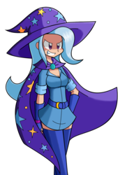 Size: 913x1255 | Tagged: safe, artist:kurus22, trixie, human, g4, cape, clothes, female, hat, human coloration, humanized, simple background, smiling, socks, solo, thigh highs, transparent background, trixie's cape, trixie's hat