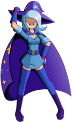 Size: 1632x2750 | Tagged: safe, artist:kurus22, trixie, human, g4, belt, cape, clothes, female, hat, human coloration, humanized, simple background, socks, solo, thigh highs, transparent background, trixie's cape, trixie's hat