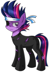 Size: 858x1179 | Tagged: safe, artist:kurus22, twilight sparkle, pony, unicorn, g4, it's about time, alternate hairstyle, bandana, catsuit, clothes, dirty, eyepatch, female, frown, future twilight, glare, headband, looking at you, mare, messy mane, short mane, simple background, solo, torn clothes, transparent background, unicorn twilight