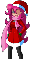 Size: 699x1350 | Tagged: safe, artist:kurus22, pinkie pie, human, g4, christmas, clothes, costume, female, hat, holiday, human coloration, humanized, light skin, one eye closed, santa costume, santa hat, scarf, simple background, solo, transparent background, wink