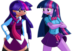 Size: 1740x1233 | Tagged: safe, artist:kurus22, twilight sparkle, human, equestria girls, g4, bowtie, clothes, cute, human coloration, humanized, microskirt, miniskirt, necktie, pleated skirt, self paradox, simple background, skirt, socks, thigh highs, thigh socks, transparent background