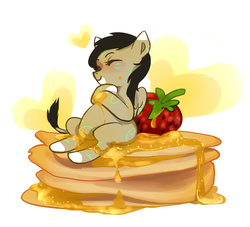 Size: 2289x2082 | Tagged: safe, artist:raranfa, oc, oc only, oc:rune, pegasus, pony, belly, butter, eyes closed, female, filly, food, food coma, happy, high res, mare, micro, pancakes, ponies in food, strawberry, stuffed, syrup