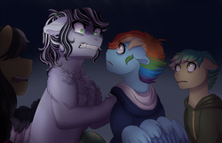 Size: 1000x648 | Tagged: safe, artist:miamaha, daring do, rainbow dash, oc, oc:monochrome, oc:venture gale, g4, angry, chest fluff, clothes, crying, female, floppy ears, gritted teeth, lesbian, magical lesbian spawn, next generation, nonbinary, offspring, parent:daring do, parent:rainbow dash, parents:daringdash, ship:daringdash, shipping, teary eyes