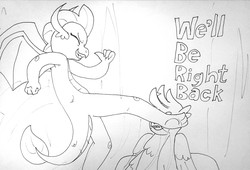 Size: 2791x1899 | Tagged: safe, artist:erynerikard, gallus, smolder, dragon, griffon, g4, feet, kicking, meme, monochrome, paws, the eric andre show, this will end in pain, traditional art, underpaw, we'll be right back