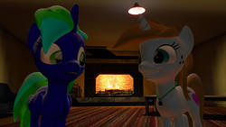 Size: 1280x720 | Tagged: safe, artist:sevenxninja, oc, oc only, oc:love biscuit, oc:lydia dieselsteam, alicorn, pony, unicorn, 3d, chair, concerned, couch, fireplace, gmod, huge smile, jewelry, necklace, table, wood