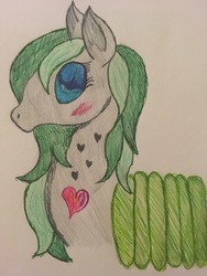 Size: 4032x3024 | Tagged: safe, artist:ice-star-pony, oc, oc only, oc:silent whisper, changeling, blushing, changeling oc, green changeling, heart, solo, traditional art, wingding eyes