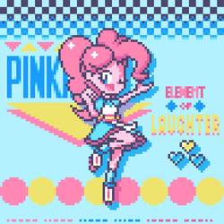 Size: 768x768 | Tagged: safe, artist:theratedrshimmer, pinkie pie, equestria girls, g4, my little pony equestria girls: summertime shorts, abstract background, clothes, cute, diapinkes, dress, female, one eye closed, open mouth, pixel art, retro, server pinkie pie, solo, waitress