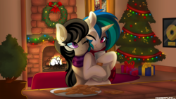 Size: 3840x2160 | Tagged: safe, artist:ciderpunk, dj pon-3, octavia melody, vinyl scratch, g4, christmas, christmas lights, christmas tree, clothes, cookie, female, fireplace, food, high res, holiday, lesbian, milk, night, scarf, ship:scratchtavia, shipping, tree