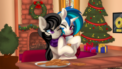 Size: 3840x2160 | Tagged: safe, artist:ciderpunk, dj pon-3, octavia melody, vinyl scratch, g4, christmas, christmas lights, christmas tree, clothes, cookie, day, female, fireplace, food, high res, holiday, lesbian, milk, scarf, ship:scratchtavia, shipping, tree