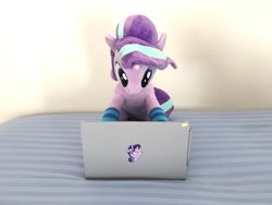 Size: 2048x1536 | Tagged: safe, artist:nekokevin, starlight glimmer, pony, unicorn, series:nekokevin's glimmy, g4, :i, bed, clothes, computer, female, i mean i see, irl, laptop computer, looking down, mare, photo, plushie, socks, solo, striped socks