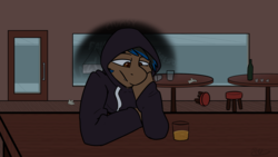 Size: 1920x1080 | Tagged: safe, artist:omegapex, oc, oc only, oc:blink, bat pony, anthro, alcohol, bar, bat pony oc, clothes, counter, depressed, drink, hoodie, indoors, leaning, sad, sitting, solo, stool, table