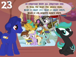 Size: 1024x768 | Tagged: safe, artist:bronybyexception, dinky hooves, octavia melody, pipsqueak, snails, snips, oc, oc:cobalt quill, oc:mountain sound, earth pony, pony, unicorn, g4, advent calendar, book, christmas, female, floppy ears, holiday, lamp, magic, male, musical instrument, ship:dinkysqueak, shipping, singing, straight, sussex carol, telekinesis, violin