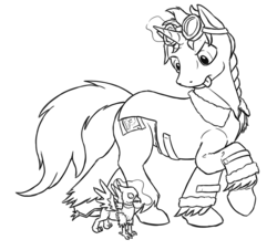 Size: 1364x1234 | Tagged: safe, artist:theandymac, oc, oc only, oc:der, oc:floofy, griffon, pony, unicorn, clothes, coat, construction, duo, goggles, magic, male, micro, monochrome, simple background, tongue out