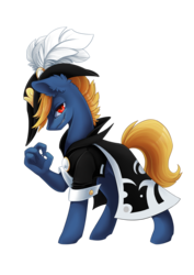 Size: 3508x4961 | Tagged: safe, artist:arctic-fox, oc, oc only, oc:moonsaber, pony, 2019 community collab, derpibooru community collaboration, dragon arm, feather, hat, male, outfit, red eyes, simple background, solo, stallion, transparent background