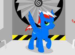 Size: 2000x1467 | Tagged: safe, artist:rd4590, oc, oc:vortex clipper, pegasus, pony, caution tape, spread wings, turbine, vector, wind tunnel, wings