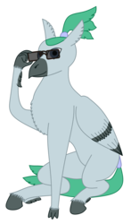 Size: 1046x1773 | Tagged: safe, artist:exhumed legume, derpibooru exclusive, oc, oc only, unnamed oc, classical hippogriff, hippogriff, 2019 community collab, derpibooru community collaboration, chest fluff, hippogriff oc, male, ponytail, simple background, sitting, solo, sunglasses, tail wrap, transparent background