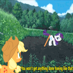 Size: 720x720 | Tagged: safe, edit, edited screencap, screencap, applejack, rarity, earth pony, pony, unicorn, applejack's "day" off, friendship is magic, g4, angry, animated, caption, farming, female, gif, gif with captions, hoe, hoe (tool), mare, meme, pun, tail whip, wolf children
