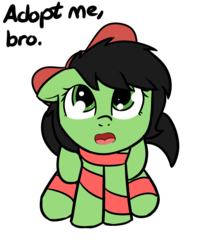 Size: 1190x1407 | Tagged: safe, artist:neuro, oc, oc only, oc:filly anon, earth pony, pony, adoption, bow, cute, daaaaaaaaaaaw, dialogue, ed edd n eddy, ed edd n eddy's jingle jingle jangle, female, filly, hnnng, implied human, looking at you, looking up, ribbon, simple background, sitting, solo, text, transparent background