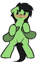 Size: 470x773 | Tagged: safe, artist:neuro, oc, oc only, oc:anon, oc:filly anon, earth pony, pony, blushing, female, filly, floppy ears, holding, holding a pony, looking at you, offscreen character, pov, simple background, transparent background, upsies, wavy mouth