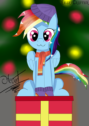 Size: 2480x3508 | Tagged: safe, artist:heart324, rainbow dash, pony, g4, :3, christmas, christmas tree, clothes, female, high res, holiday, present, scarf, sitting, solo, tree, winter outfit