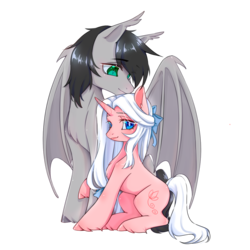 Size: 1200x1200 | Tagged: safe, artist:夏米, oc, oc only, oc:terry longmore, oc:夏米, bat pony, pony, 2019 community collab, derpibooru community collaboration, bat pony oc, bow, couple, hair bow, simple background, size difference, transparent background