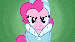 Size: 955x537 | Tagged: safe, screencap, pinkie pie, earth pony, pony, g4, hearth's warming shorts, my little pony best gift ever, triple pony dare ya, adorabolical, adoraevil, clothes, cute, diapinkes, evil smile, female, grin, looking at you, mare, smiling, smirk, solo