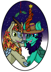 Size: 2480x3508 | Tagged: safe, artist:lizardwithhat, oc, oc:flower mane, oc:glimmershine, kirin, g4, sounds of silence, blue eyes, blue mane, christmas, christmas lights, claws, couple, cowboy hat, cute, female, flower, flower in hair, gradient background, green eyes, happy, hat, high res, holding hands, holiday, holly, holly mistaken for mistletoe, horn, oc x oc, orange mane, scales, shipping, snow, snowfall