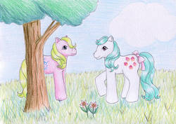 Size: 1024x726 | Tagged: safe, artist:normaleeinsane, cupcake (g1), shady, earth pony, pony, g1, bow, duo, flower, food, tail, tail bow, traditional art, tree