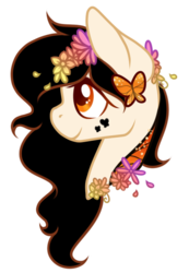 Size: 450x650 | Tagged: safe, artist:er-ro, oc, oc:monarch dream, butterfly, female, flower, flower in hair, long mane, mare, petals, simple background, smiling, transparent background