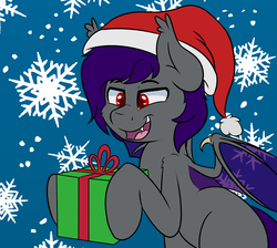 Size: 1900x1700 | Tagged: safe, artist:blues4th, oc, oc only, oc:hunter brutus, bat pony, pony, christmas, clothes, hat, holiday, open mouth, santa hat, smiling, snow, snowflake, solo, wings