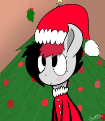 Size: 1040x1200 | Tagged: safe, artist:icy wind, oc, oc only, oc:miss eri, pony, black and red mane, blushing, christmas, christmas tree, cute, holiday, holly, holly mistaken for mistletoe, solo, tree, two toned mane