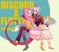 Size: 3027x2650 | Tagged: safe, artist:sadistjolt, discord, fluttershy, human, g4, cake, clothes, female, food, high res, humanized, male, ship:discoshy, shipping, skirt, straight