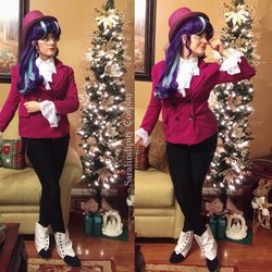 Size: 2042x2042 | Tagged: safe, artist:sarahndipity cosplay, snowfall frost, starlight glimmer, human, g4, blazer, christmas, christmas tree, clothes, cosplay, costume, glasses, hat, high res, holiday, irl, irl human, jabot, photo, spats, top hat, tree