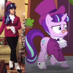 Size: 2042x2042 | Tagged: safe, artist:sarahndipity cosplay, snowfall frost, starlight glimmer, human, pony, unicorn, g4, blazer, christmas, christmas tree, clothes, comparison, cosplay, costume, frock coat, glasses, hat, high res, holiday, irl, irl human, jabot, photo, shirt, spats, top hat, tree