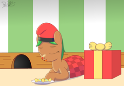 Size: 2000x1395 | Tagged: safe, artist:trackheadtherobopony, oc, oc only, object pony, original species, pony, barretina, blanket, candy, christmas, food, holiday, ponified, present, signature, solo, spain, tio de nadal