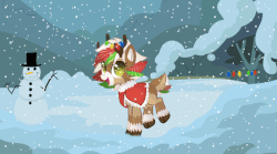 Size: 800x444 | Tagged: safe, artist:space--paws0w0, oc, oc only, oc:olive (reindeer), deer, reindeer, animated, antlers, carrot, christmas, christmas lights, clothes, coat, commission, cute, female, food, gif, hat, holiday, open mouth, snow, snowfall, snowman, solo, stick, top hat, tree, unshorn fetlocks