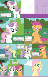 Size: 1024x1636 | Tagged: safe, artist:darkofstp, dinky hooves, fluttershy, scootaloo, sweetie belle, comic:my wings will keep you safe, g4, concerned, hungry, stomach growl, stomach noise