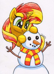 Size: 3215x4379 | Tagged: safe, artist:stewart501st, sunset shimmer, pony, unicorn, g4, :p, carrot, clothes, cute, female, food, scarf, snowman, solo, tongue out, traditional art