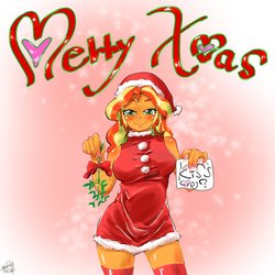 Size: 1000x1000 | Tagged: safe, artist:sozglitch, sunset shimmer, equestria girls, g4, christmas, female, hat, heart, holiday, santa hat, solo