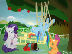 Size: 4000x3000 | Tagged: safe, artist:sollace, rainbow dash, rarity, scootaloo, sweetie belle, pegasus, pony, unicorn, g4, apple, belle sisters, bucket, confused, crying, female, filly, foal, food, giggling, hanging, hanging upside down, ladder, laughing, mare, missing cutie mark, rope, show accurate, siblings, sisters, spread wings, sunset, tangled up, tears of laughter, tied up, tree, tree sap and pine needles, upside down, vector, water, wings