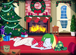 Size: 6095x4412 | Tagged: safe, artist:invisibleink, rainbow dash, tank, equestria girls, g4, absurd resolution, bow, chocolate, christmas, christmas eve, christmas lights, christmas presents, christmas stocking, christmas tree, clothes, curtains, feet, fireplace, food, gift wrapped, holiday, hot chocolate, pajamas, santa claus, sleeping, snow, stars, tree, wreath