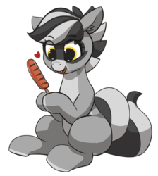 Size: 1198x1335 | Tagged: safe, artist:pabbley, oc, oc:bandy cyoot, pony, raccoon pony, fangs, female, food, happy, heart, meat, open mouth, ponies eating meat, sausage, sitting