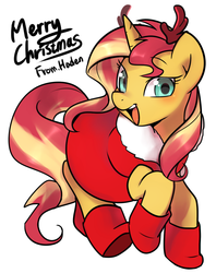 Size: 1168x1472 | Tagged: safe, artist:haden-2375, sunset shimmer, pony, unicorn, g4, boots, christmas, cute, female, holiday, looking at you, mare, open mouth, shimmerbetes, shoes, smiling, solo