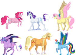 Size: 3151x2280 | Tagged: safe, artist:bijutsuyoukai, applejack, fluttershy, pinkie pie, rainbow dash, rarity, twilight sparkle, alicorn, pony, g4, colored wings, high res, mane six, multicolored wings, older, simple background, smiling, tail feathers, transparent background, twilight sparkle (alicorn), unshorn fetlocks