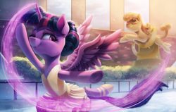 Size: 4000x2550 | Tagged: safe, artist:vanillaghosties, twilight sparkle, alicorn, pony, g4, armpits, ballerina, clothes, female, high res, ice skating, magic, mare, one eye closed, solo, spread wings, statue, tutu, twilarina, twilight sparkle (alicorn), wings