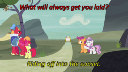 Size: 640x360 | Tagged: safe, edit, edited screencap, screencap, apple bloom, big macintosh, feather bangs, scootaloo, sugar belle, sweetie belle, g4, hard to say anything, bad end, caption, cards against humanity, carriage, cutie mark crusaders, image macro, prince outfit, text, tree