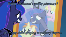 Size: 640x360 | Tagged: safe, edit, edited screencap, screencap, indian summer, princess luna, raspberry cream, a royal problem, g4, batman, caption, cards against humanity, female, filly, forced smile, image macro, smiling, text